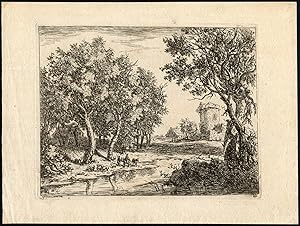 Antique Master Print-LANDSCAPE-BROOK-HERD-REST-von Hagedorn-1745