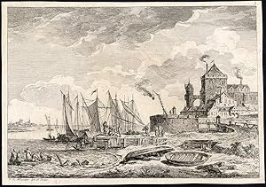 Antique Master Print-CASTLE-RHINE-RIVER-BOAT-HARBOUR-Franz Weirotter-1750