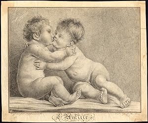 Antique Print-CHILDREN-FRIENDSHIP-BABY-KISS-Guersouille-c. 1850