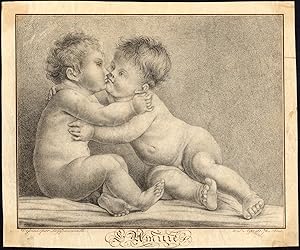 Antique Print-CHILDREN-FRIENDSHIP-BABY-KISS-Guersouille-c. 1850