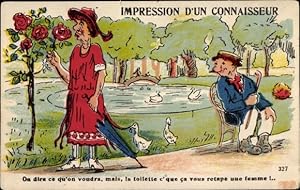 Ansichtskarte / Postkarte Impression d'un Connaisseur, Rosen, Teich, Mann auf der Bank, Enten