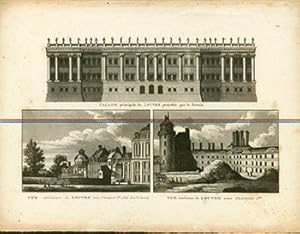 Facade principale du Louvre projettee par Bernin. (Three views of the Louvre). (B&W engraving).