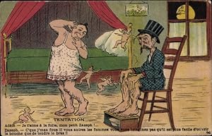 Ansichtskarte / Postkarte Altes Ehepaar, Frau im Schlafhemd, Engel, Unzufriedener Mann