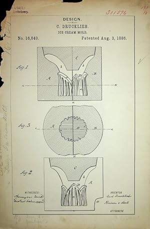 [Original art, Design Patent] DESIGN PATENT 16,840 "Ice Cream Mold" patented August 3, 1886