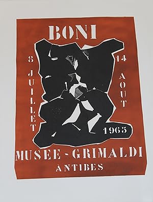 "Paolo BONI : EXPOSITION MUSÉE GRIMALDI ANTIBES 1965" Affiche originale entoilée / "GRAFISCULPTUR...