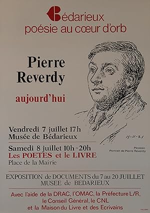 "Pierre REVERDY aujourd'hui" EXPOSITION BÉDARIEUX POÉSIE AU COEUR D'ORB (années 70) / Affiche off...