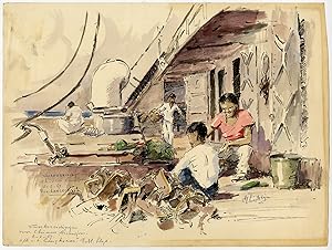 Antique Drawing-CHINESE NEW YEAR-PREPARATIONS-ON DECK-STEAMER-Ligtelijn-1967