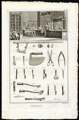 2 Antique Prints-BELT MAKER-CEINTURIER-WORKSHOP-TOOLS-Diderot-Defehrt-1751