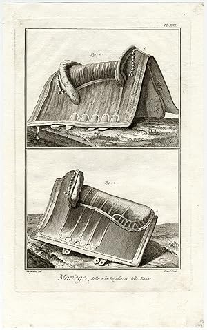 3 Antique Prints-DRESSAGE-HORSE-SADDLE-EQUESTRIAN SPORT-Diderot-Benard-1751