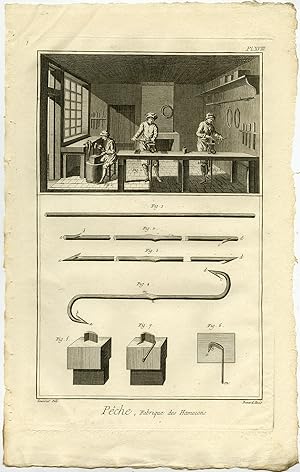 3 Antique Prints-FISHING-FISH HOOKS-WORKSHOP-TOOLS-Diderot-Benard-1751