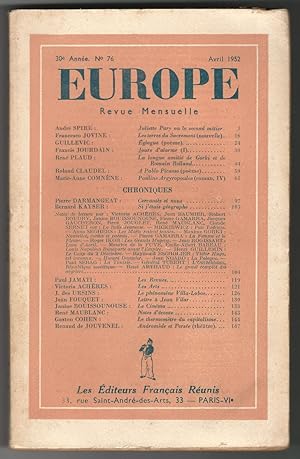 EUROPE. Revue mensuelle. N° 76. Avril 1952.