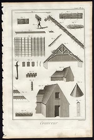 2 Antique Prints-ROOF MAKING-COUVREUR-ROOF TILES-Diderot-Benard-1751