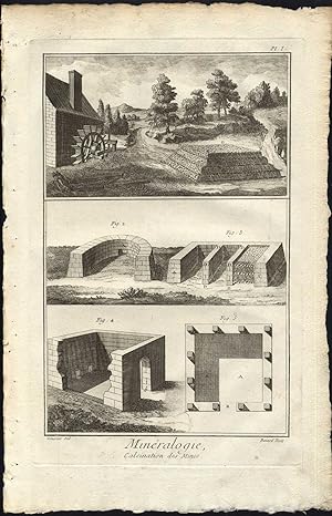 2 Antique Prints-MINERALOGY-CALCINATION-MINING-MINE-Diderot-1751