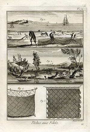 Antique Fishing Print-FISHING NET-TRAMMEL-Plate 70-Panckoucke-1793