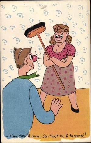 Ansichtskarte / Postkarte Betrunkener Mann und wütende Frau mit Besen