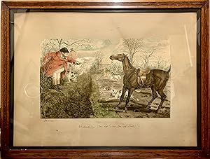 Hand Colored Proof Engraving Depicting Hunting Scene; Wood framed glass portrait with hooks suita...