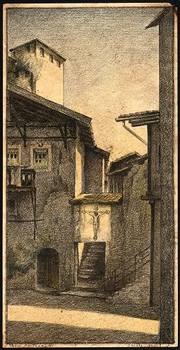 Original Print-STREET SCENE-CRUCIFIX-CHIUSI-TUSCANY-ITALY-Thomas Posthuma-1920