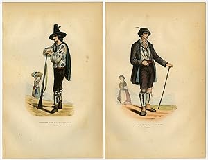 2 Antique Prints-TYROL-TIROL-COSTUME-FASHION-ZILLERTAL-Wahlen-1844
