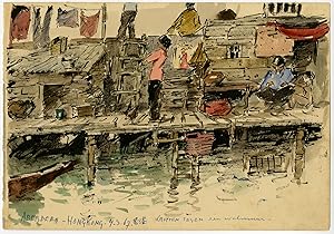 Antique Drawing-ABERDEEN HONG KONG-HOVEL-QUAY WALL-HARBOR-Ligtelijn-1967