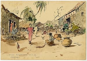 Antique Drawing-KAMPONG-PORT KLANG-SWETTENHAM-MALAYSIA-Ligtelijn-1967