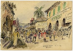 Antique Drawing-PENANG-MALAYSIA-STREET SCENE-GEORGE TOWN-Ligtelijn-1967