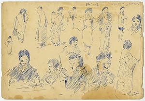 Antique Drawing-JAPAN-FIGURES-KOBE-KYOTO-Ligtelijn-1967