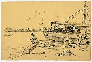 Antique Drawing-MADANG-QUAY-SHIP-PAPUA NEW GUINEA-Ligtelijn-1967