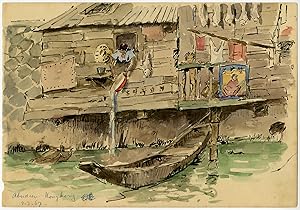 Antique Drawing-ABERDEEN-HONG KONG-POVERTY-HOVEL-CEREMONY-TEMPLE-Ligtelijn-1967