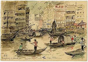 Antique Drawing-ABERDEEN-HONG KONG-TAI PAK-FLOATING VILLAGE-Ligtelijn-1967