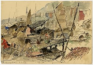 Antique Drawing-ABERDEEN HONG KONG-HARBOR-FLOATING VILLAGE-Ligtelijn-1967