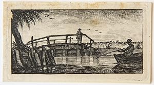 Antique print, etching | View on a canal with a wooden bridge, published 1766, 1 p.
