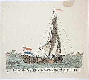 Handcolored etching/handgekleurde ets: Een Jacht met een bezaanzeijl/a sailing boat, 1791.