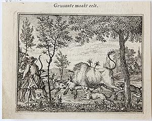 [Original etching] Gewoonte maakt eelt. [S. Spinneker 'Leerzame Zinnebeelden'], ca 1717-1757.