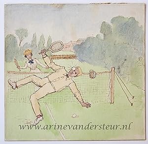 [Original drawing] Tennis (accident), ongeluk bij tennisspel, ca -1950.