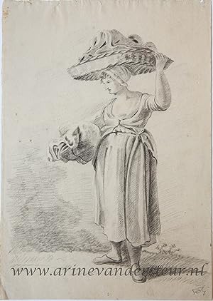 [Antique drawing] Woman carrying a basket (vrouw die mand draagt), ca 1850-1900.
