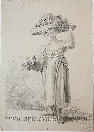 [Antique drawing] Woman carrying a basket (vrouw die mand draagt), ca 1850-1900.