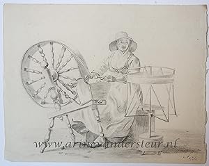 [Antique drawing] Woman at a spindle (vrouw bij spinnewiel), ca. 1850-1900.