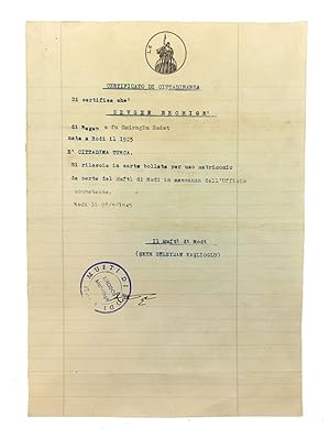 [RHODES MUFTI WHO HELPED JEWS AGAINST THE NAZIS IN RHODES] Typescript document / certificate of c...