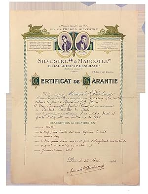 [1924 A Stradivarius violin certificate of guarantee given by Silvestre & Maucotel, Luthiers-Expe...