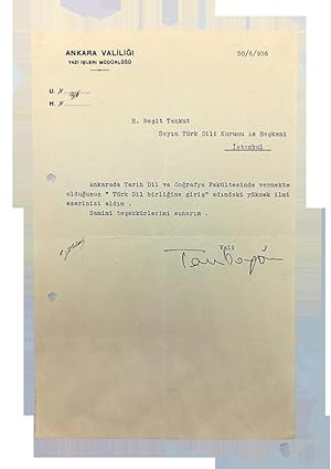 Typescript document signed 'Vali Tandogan', sent to H. Resit Tankut, (1891-1980).