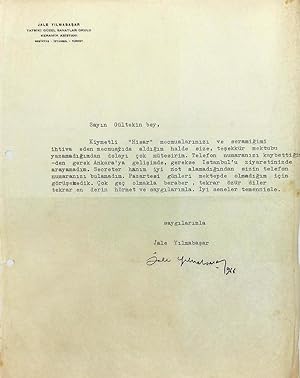Typescript document - letter signed 'Jale Yilmabasar', addressed to Gültekin [Sâmanoglu], (1927-2...