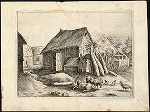Antique Print-LANDSCAPE-FARM VILLAGE-GOAT-CHICKEN-Matthaus Merian-1610