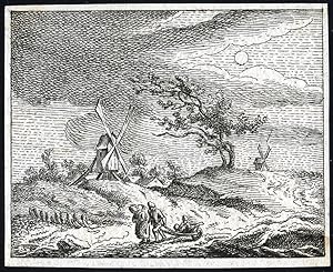 Antique Master Print-MOONLIGHT-LANDSCAPE-FAMILY-POVERTY-Chereau-ca. 1700