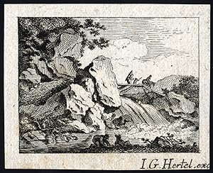 Antique Master Print-RIVER-RAPID-BRIDGE-TRAVELLERS-Hertel-ca. 1735