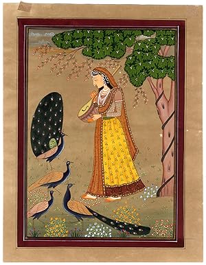 Antique Indian minature painting-MUSICIAN-PEACOCK-SITAR-Anonymous-ca. 1920