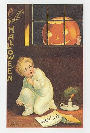 Pumpkin Head Scaring Child Reading Ghost Book Halloween Postcard