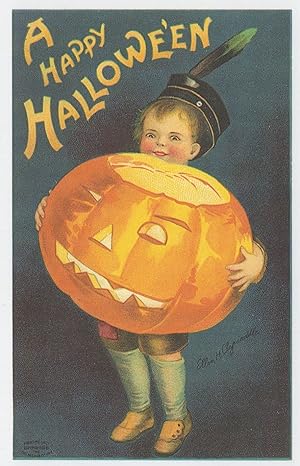 Child With Gigantic Huge Pumpkin Head Fancy Dress Halloween Postcard