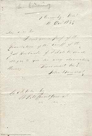 Autograph letter signed to H[is] Pr[ussian] M[ajesty's] Consul General, (Sir John, 1792-1872, M.P...