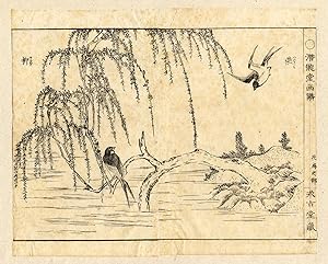Japanese Antique Print-EHON-SWALLOW-RIVERSIDE-WILLOW-Anonymous-19th c.