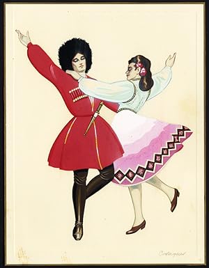 Antique Watercolour Drawing-FOLK DANCING-COSSACKS-RUSSIA-COSTUME-1899